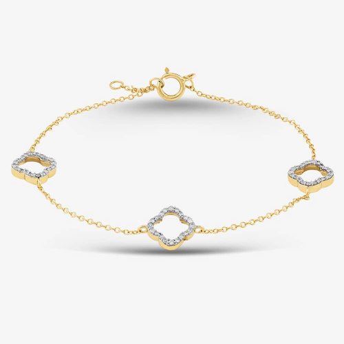 9ct Yellow Gold 0.20ct Brilliant Cut Diamond Triple Clover Chain Bracelet