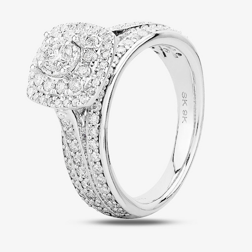 9ct White Gold 1.00ct Diamond Fancy Shouldered Square Cluster Ring