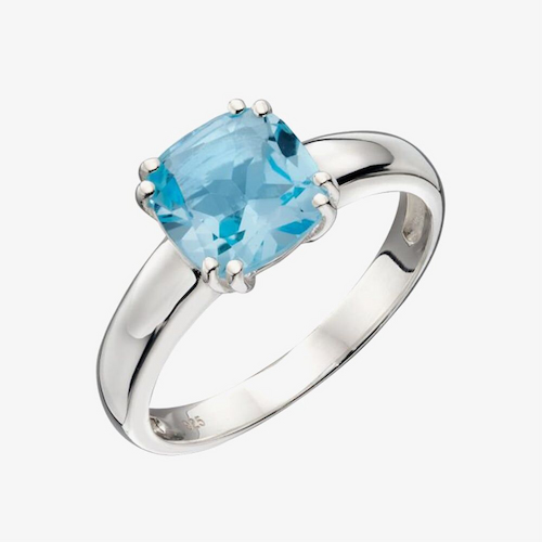 Sterling Silver Cushion Cut Blue Topaz Solitaire Ring