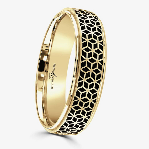 Brown & Newirth Geo 18ct Yellow Gold Black Ceramic Patterned 5mm Ring