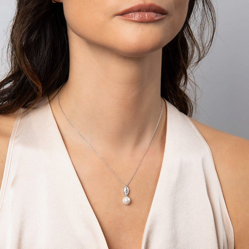 Diamonfire Sterling Silver Marquise Pearl Drop Necklace