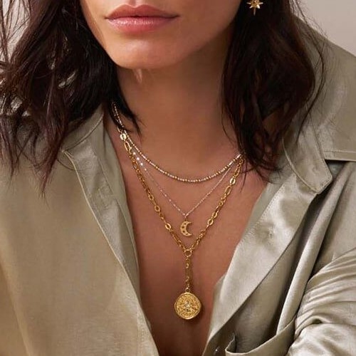 Chlobo Mixed Metal Delicate Cube Chain Starry Moon Necklace