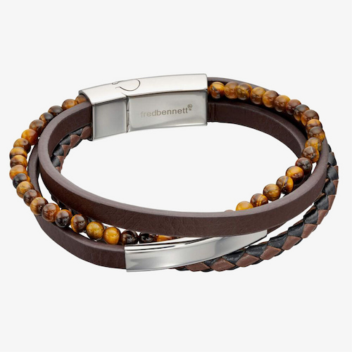 Fred Bennett Reborn Recycled Leather & Tiger's Eye Multi Row Bracelet