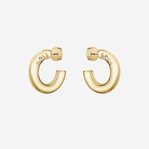 BOSS Gold Tone Crystal Logo Hoop Earrings