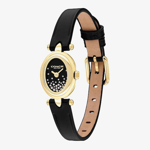 Coach Ladies Sammy Golden Oval Black Crystal Dial Leather Strap Watch