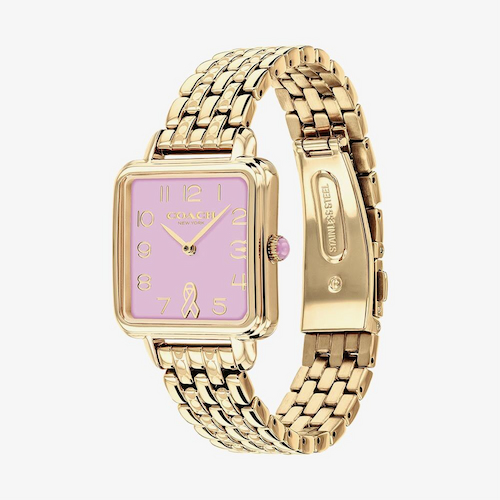 Coach Ladies Cass BCRF Golden Square Pink Dial Bracelet Watch