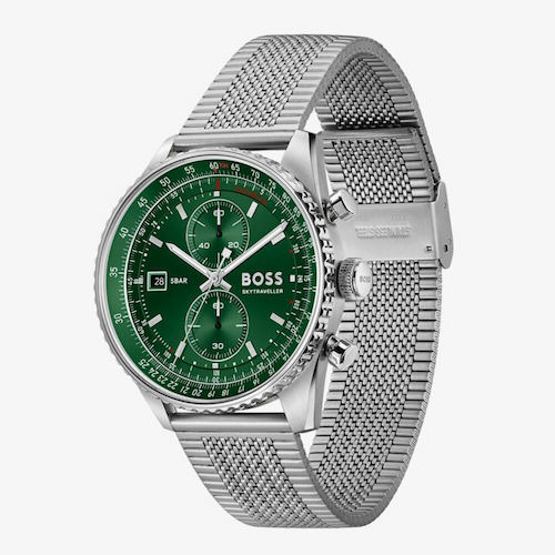 BOSS Mens Skytraveller Chronograph Green Dial Mesh Bracelet Watch