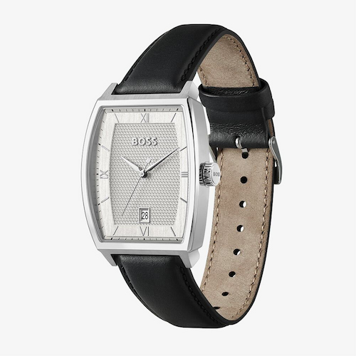 BOSS Mens Principle Arc Silver Dial Leather Strap Watch