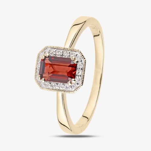 9ct Yellow Gold Garnet 0.08ct Diamond Cluster Ring