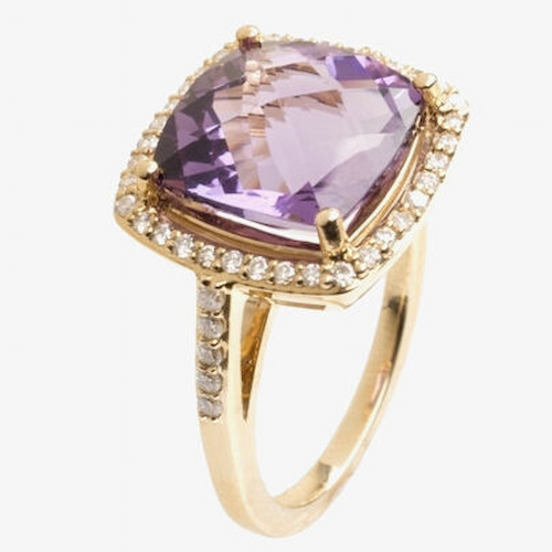 9ct Gold Diamond and Amethyst Square Shouldered Ring