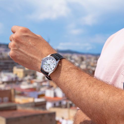 Calypso Men’s Silver Leather Strap Watch on wrist