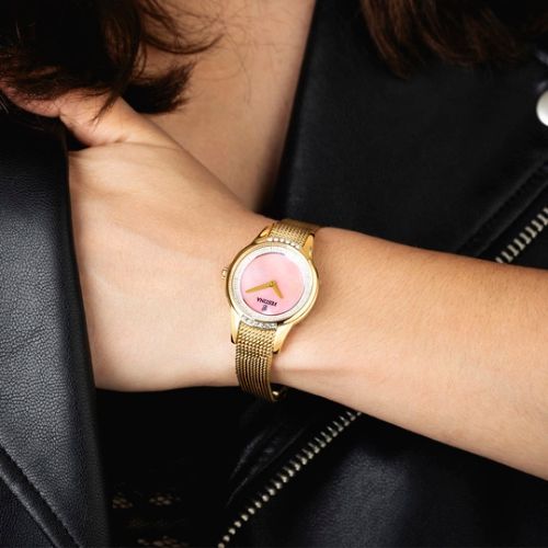 Festina Ladies Mademoiselle Gold Tone Pink Watch on wrist