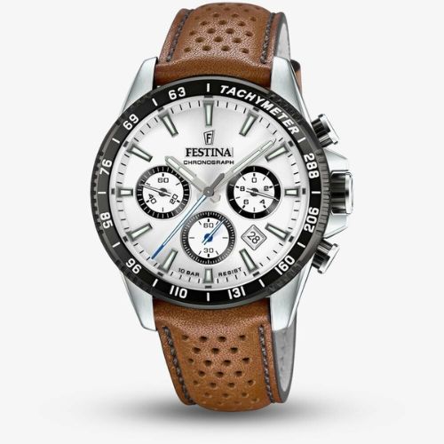 Festina Men’s Silver Chronograph Brown Leather Strap Watch