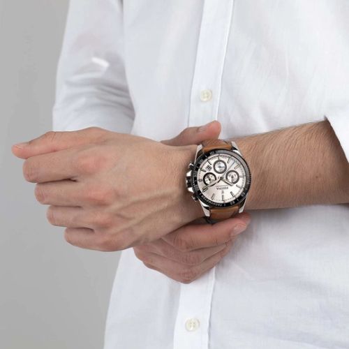 Festina Men’s Silver Chronograph Brown Leather Strap Watch on wrist