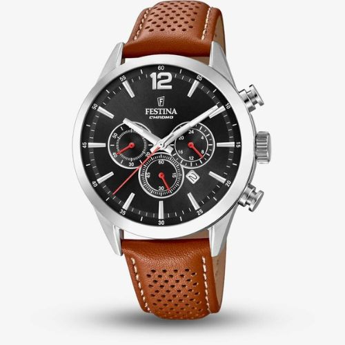 Festina Men’s Timeless Chronograph Brown Leather Strap Watch