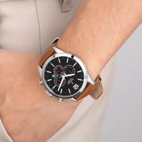 Festina Men’s Timeless Chronograph Brown Leather Strap Watch on wrist