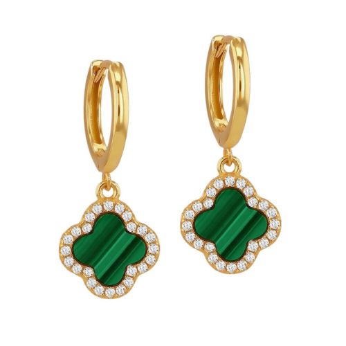 LUXE Silver Gold Plated Malachite & Cubic Zirconia Clover Dropp