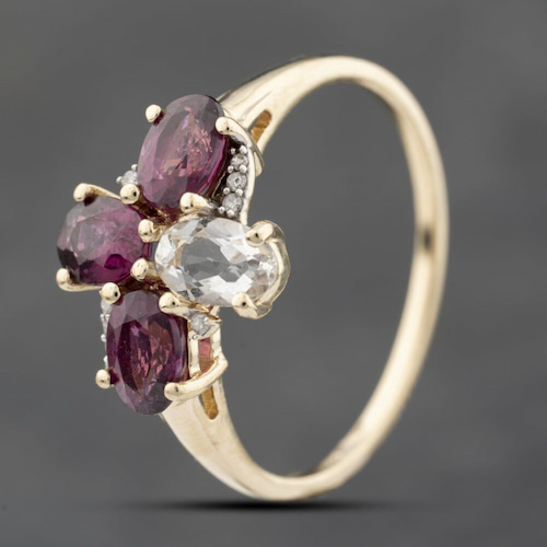 9ct Yellow Gold Tourmaline & White Topaz Flower Dress Ring