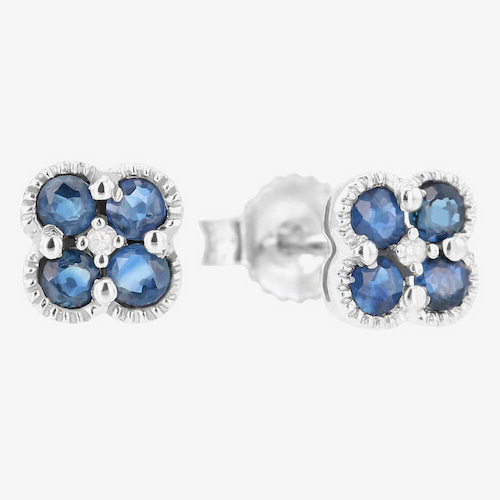 9ct White Gold Diamond Sapphire Flower Stud Earrings
