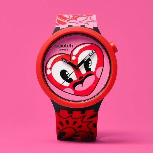 Shop Swatch Unisex Pink & Red Heart Dial Watch