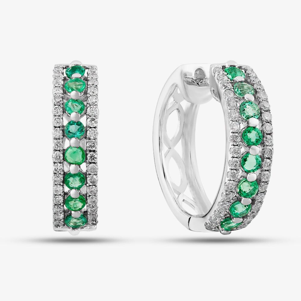 9ct White Gold Emerald and Diamond Three Row Hoop Earrings