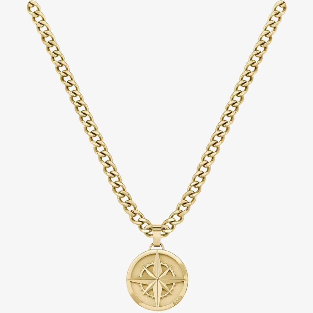 BOSS Gold Tone Compass Pendant Necklace