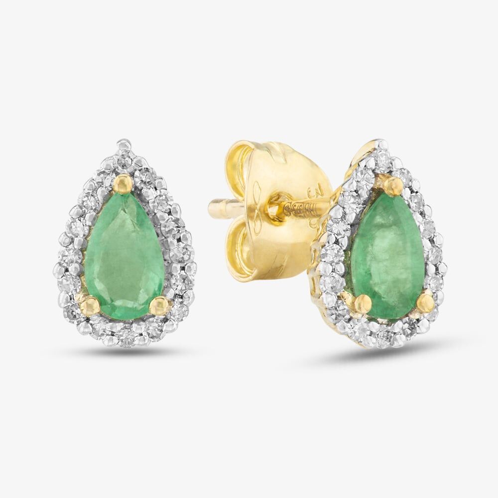 9ct Gold Diamond Emerald Pear Shape Stud Earrings