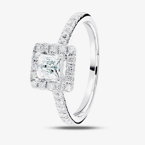 1888 Collection Platinum 0.50ct Certificated Princess Cut Diamond Shoulder Set Halo Ring