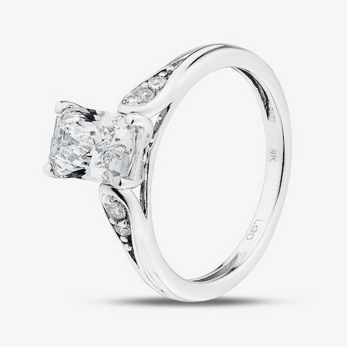 9ct White Gold 1.10ct Certificated Radiant Cut Lab Grown Diamond Shoulder Set Solitaire Ring