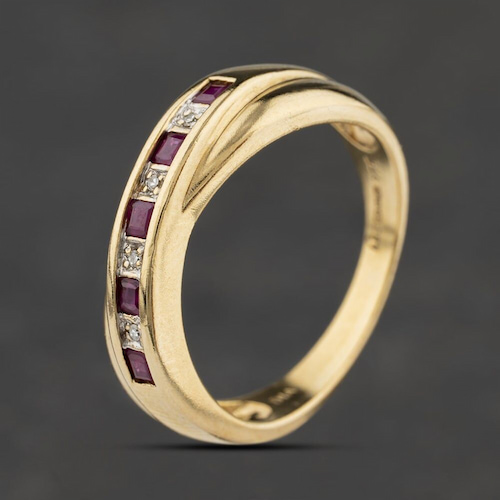 Pre-Owned 9ct Yellow Gold Ruby & 0.02ct Diamond Crossover Half Eternity Ring
