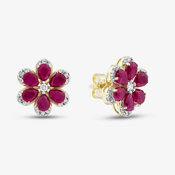 9ct Yellow Gold Certified Lab Grown 3.00ct Ruby & 0.25ct Diamond Flower Stud Earrings